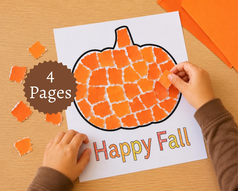 May include: A white paper sheet featuring a black outline of a pumpkin filled with small, torn orange paper squares. The text "Happy Fall" is printed in orange and yellow at the bottom. A brown circular badge states "4 Pages" in white text.