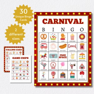 Cartões de bingo de carnaval, jogo de festa de circo para impressão para crianças, adolescentes e adultos, inclui páginas inteiras e meias