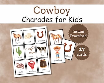 Cowboy Charades Cards With Pictures, Printable Western Party Game for Kids