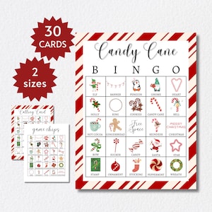 Bingokaarten met snoepgoed, kerstfeestspel voor kinderen, tieners en volwassenen, afdrukbare vakantiegroepsactiviteit, inclusief volledige en halve pagina's