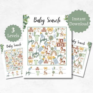 Baby Search and Find Game, Baby Shower Activity for Kids, Teens, and Adults, Printable Baby Party Game, Includes 3 Levels and Answer Key