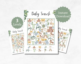 Baby Search and Find Game, Baby Shower Activity for Kids, Teens, and Adults, Printable Baby Party Game, Includes 3 Levels and Answer Key