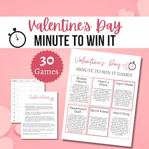 Valentine&#39;s Day Minute to Win It Games, Printable Valentine Party Games for Kids, Teens, and Adults, Includes Score Card and Supply List