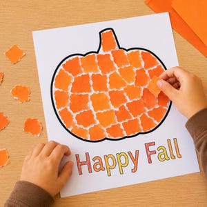 May include: A white sheet of paper featuring a black outline of a pumpkin filled with small, torn pieces of orange paper in various shades. The text Happy Fall is printed in orange and yellow at the bottom, with loose orange paper squares nearby.