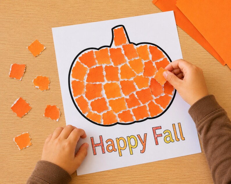 May include: A white sheet of paper featuring a black outline of a pumpkin filled with small, torn pieces of orange paper in various shades. The text Happy Fall is printed in orange and yellow at the bottom, with loose orange paper squares nearby.