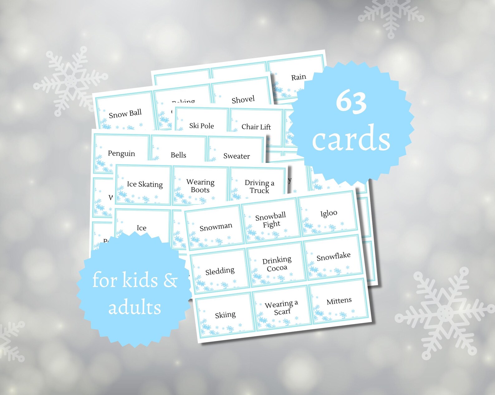 Winter Charades Cards, Printable Pictionary Game, Snow Day Activity for ...