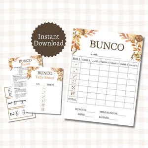 Paquete de tarjetas Bunco de otoño, juego imprimible para grupos, Bunco de noviembre con hojas de conteo y marcadores de mesa, páginas completas y medias páginas.