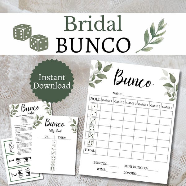 Bridal Shower Bunco Cards, Printable Greenery Boho Party Game for Groups, Includes Tally Sheets and Table Markers, Elegant Bunco Bundle