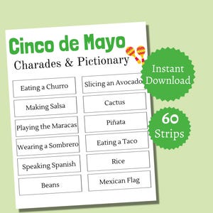 Charadas de Cinco de Mayo, Cartões Pictionary para Imprimir de Cinco de Mayo, Jogos de Festa de 5 de Maio para Crianças, Adolescentes e Adultos, Atividade para Festa Mexicana