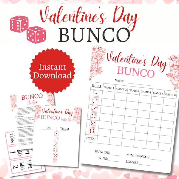 Valentine's Day Bunco, Printable Bunco Cards Bundle, Valentine's Party Games