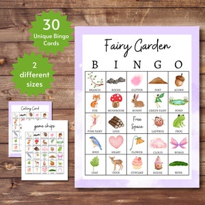 Fairy Garden Bingo Karten, druckbares Geburtstagsparty Spiel für Kinder, niedliche verzauberte Aktivität