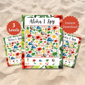 Aloha I Spy Game, Luau Party Games for Kids, Summer Counting Worksheets, Printable Hawaiian-Themed Activity