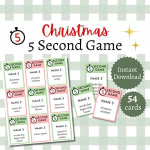 Kerstspel 5 seconden, afdrukbaar feestspel voor kinderen, tieners en volwassenen, snelle trivia-activiteit december