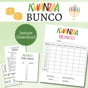 Paquete de tarjetas Bunco de Kwanzaa, juego de fiesta de Kwanzaa imprimible para grupos, actividad festiva para niños, adolescentes y adultos, páginas completas y medias páginas