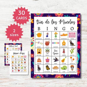 Cartes de bingo Día de los Muertos, jeu de fête Le jour des morts pour enfants, adolescents et adultes, activité de groupe imprimable, pages complètes et demi-pages