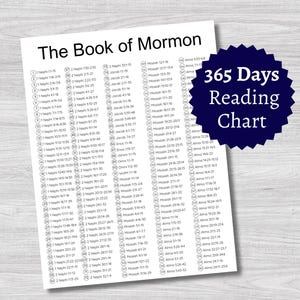 May include: A black and white printable chart with the title "The Book of Mormon 365 Days Reading Chart". The chart lists daily readings from the Book of Mormon, starting with 1 Nephi 1:1-15 and ending with Alma 24:17-258.