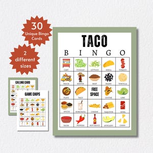 Taco Bingo Cards, Printable Cinco de Mayo Party Game for Kids, Teens, and Adults, Taco-themed Activity