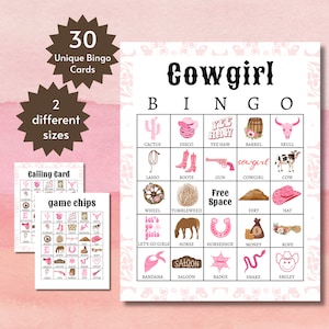 Cartelle da bingo per cowgirl, gioco da tavolo rosa del selvaggio West, attività di compleanno per cowgirl stampabile per bambini e adulti
