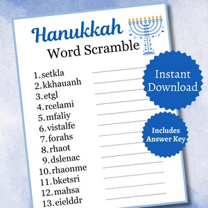 Hanukkah Word Scramble Game, Printable Hanukkah Party Game for Kids, Teens, and Adults, Trivia Activity Page