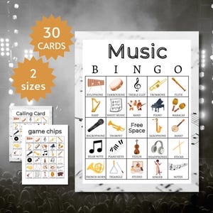 Music Bingo Cards, Instrument Learning Game, Printable Musical Party Activity for Kids, Teens, and Adults