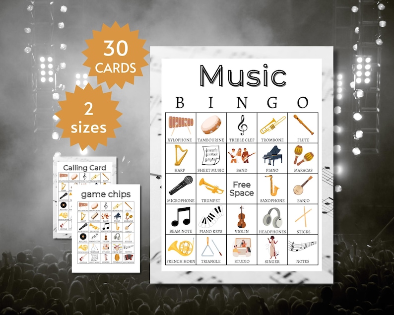 Music Bingo Cards, Instrument Learning Game, Printable Musical Party Activity for Kids, Teens, and Adults image 1