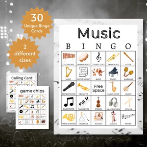 Tarjetas de bingo musical, juego de aprendizaje de instrumentos, actividad de fiesta musical imprimible para niños, adolescentes y adultos