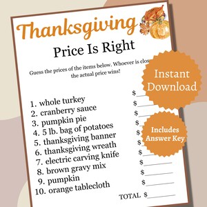 Thanksgiving Price is Right Game, Printable Holiday Family Party Game, Fall Trivia Activity for Kids, Teens, and Adults