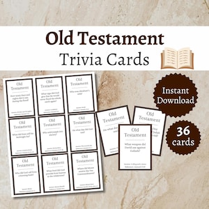 Op de afbeelding: Een verzameling witte trivia-kaarten met de tekst "Oude Testament". De kaarten liggen op een lichtbruin oppervlak, met de woorden "Trivia Cards" erboven. Een bruine badge toont "Direct downloaden" en "36 kaarten".