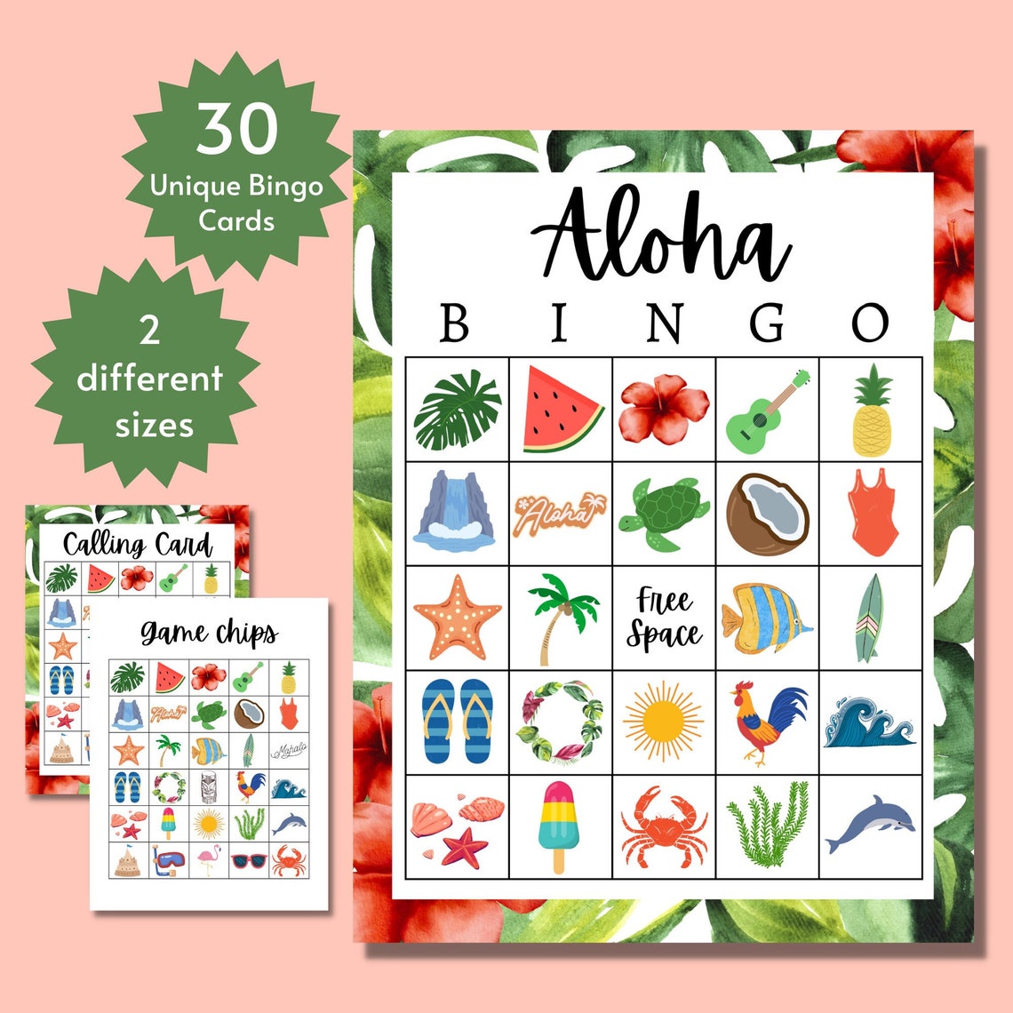 Aloha Bingo Luau Party Games Luau Bingo Cards Hawaiian Etsy