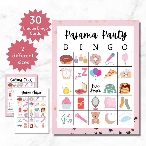 Pajama Party Bingo, Pajama Party Games, Slumber Party Games, Sleepover Bingo