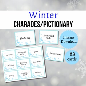 Tarjetas de charadas invernales, juego de Pictionary imprimible, actividad para un día de nieve para niños, adolescentes y adultos.