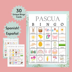 Tarjetas de bingo de Pascua en español, juego de fiesta de Pascua imprimible para niños, adolescentes y adultos, actividad de primavera