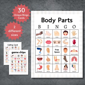 Cartes de bingo sur les parties du corps, jeu d'apprentissage de l'anatomie humaine imprimable pour enfants, adolescents et adultes