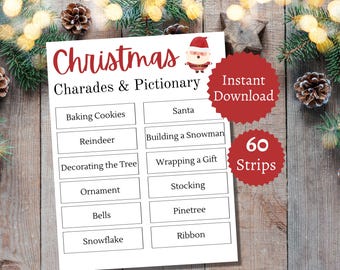 Może przedstawiać: Biała kartka z tytułem "Christmas Charades & Pictionary" w kolorze czerwonym, z ilustracją Świętego Mikołaja. Arkusz zawiera listę słów i wyrażeń o tematyce bożonarodzeniowej. Czerwone koło głosi "Natychmiastowe pobieranie", a drugie "60 pasków".