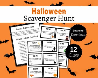 Halloween-Schnitzeljagd für Kinder, druckbare Schatzsuche mit Hinweiskarten