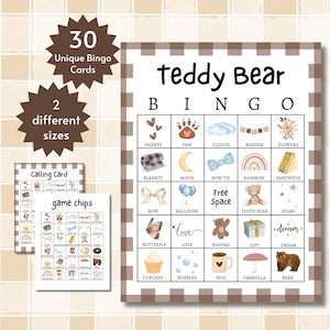 Cartes de bingo avec ours en peluche, jeu imprimable pour baby shower, activité de fête d'anniversaire avec ours en peluche