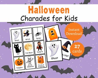 Halloween-Pantomime für Kinder, ausdruckbare Karten mit Bildern, Halloween-Partyspiel