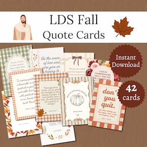 May include: A collection of 42 rectangular quote cards featuring autumn-themed designs, including plaid patterns, fall leaves, and pumpkins. Each card displays inspirational text and religious quotes, with some cards featuring decorative borders and illustrations.