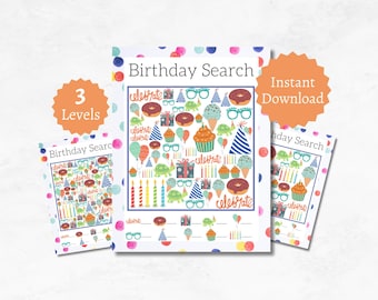 Birthday Search and Find Game, Printable Birthday Party Game for Kids, Cute Counting Activity Pages