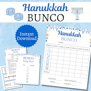 Bunco-kaartenbundel Chanoeka, afdrukbaar Chanoeka-feestspel voor groepen, dobbelsteenactiviteit voor feestdagen, inclusief volledige en halve pagina's
