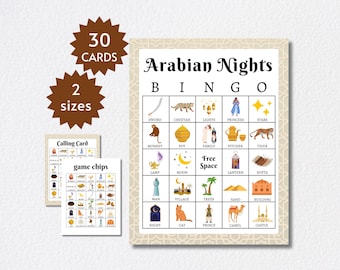 アラビアンナイトのビンゴカード、子供、ティーン、大人向けの印刷可能なパーティーゲーム