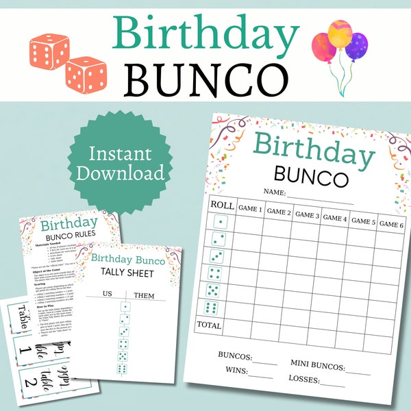 Birthday Bunco Bundle, Printable Birthday Party Game for Kids, Teens, and Adults, Includes Full and Half Pages