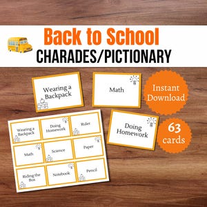 Back to School Pictionary Cards, Printable Classroom Charades, School-Themed Party Game for Kids, Teens, and Teachers