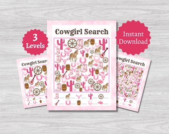 Cowgirl Search Party Game, Printable Pink Western Activity for Kids