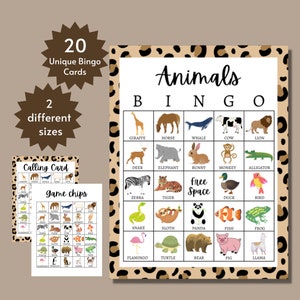 Tarjetas de bingo de animales, juego de aprendizaje de animales imprimible para niños, actividad en el aula de educación en el hogar, incluye páginas completas y medias