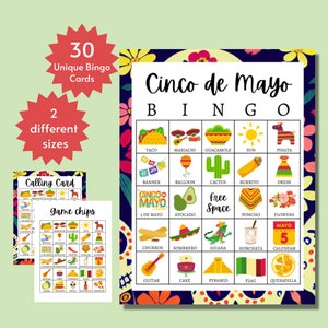 Cartas de bingo Cinco de Mayo, jogo de festa Fiesta para impressão para crianças, adolescentes e adultos, atividade de 5 de maio