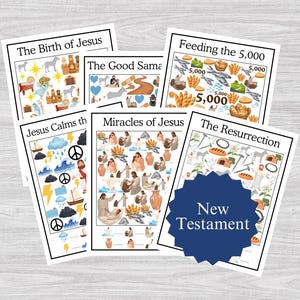 May include: A collection of illustrated cards with titles including "The Birth of Jesus," "Feeding the 5,000," and "The Resurrection." Each card features colorful drawings and text. A blue starburst shape reads "New Testament."