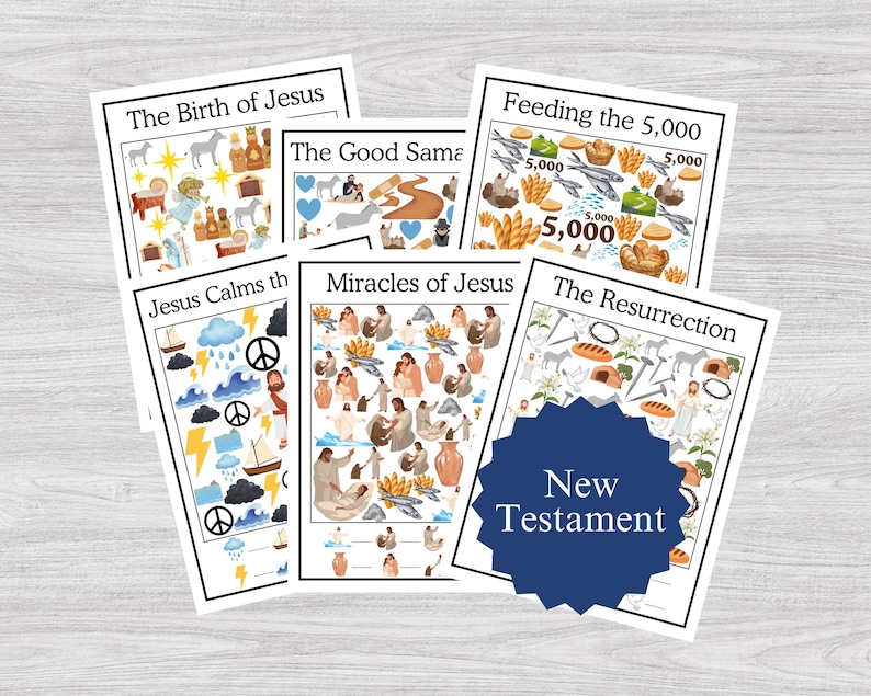 May include: A collection of illustrated cards with titles including "The Birth of Jesus," "Feeding the 5,000," and "The Resurrection." Each card features colorful drawings and text. A blue starburst shape reads "New Testament."