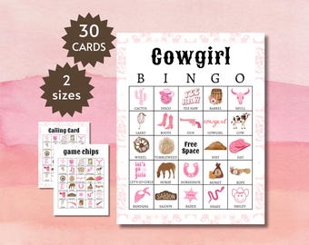 Cowgirl Bingo Cards, Pink Wild West Party Game, Printable Cowgirl Birthday Activity for Kids and Adults