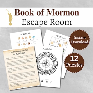 May include: A collection of printed puzzle sheets for a Book of Mormon themed escape room. The image includes various puzzles, a compass rose, and the text "Instant Download" and "12 Puzzles".